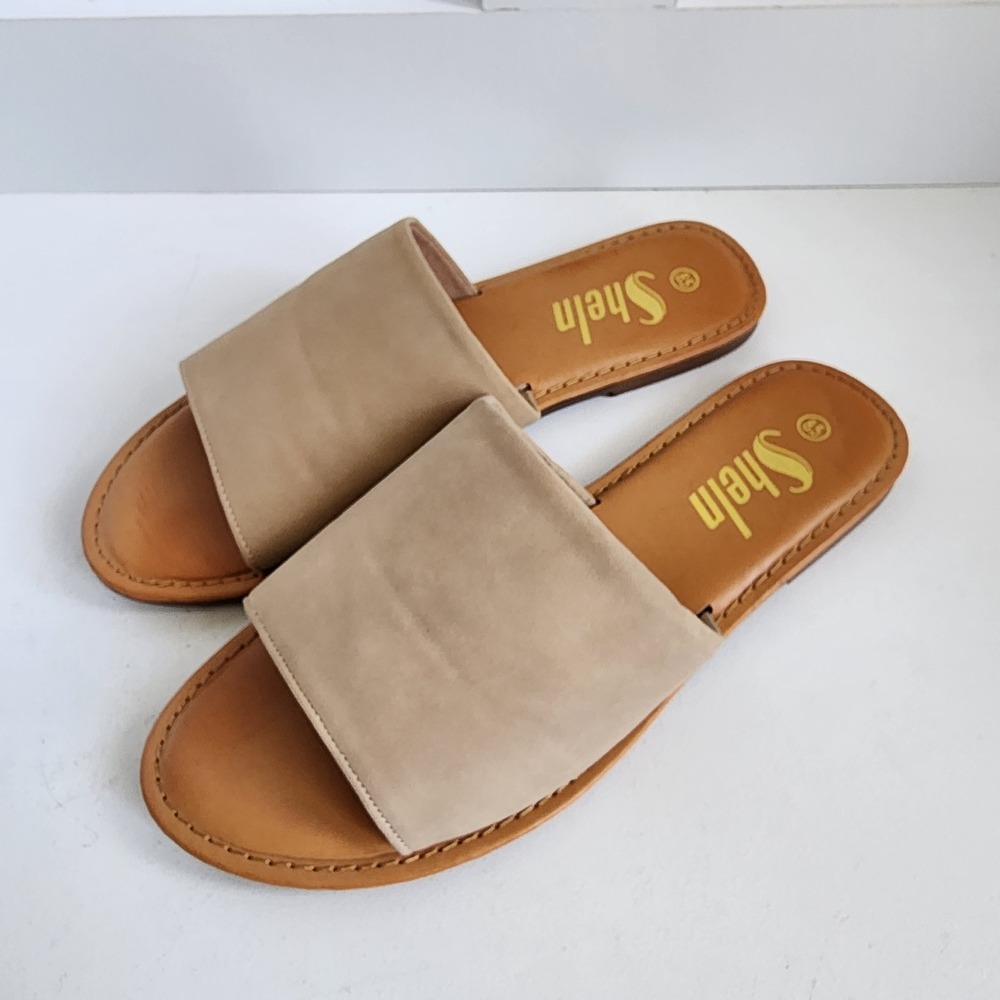 Shein Womens Tan Faux Suede Flat Slide Sandals Size 8.5 Minimalist Neutral